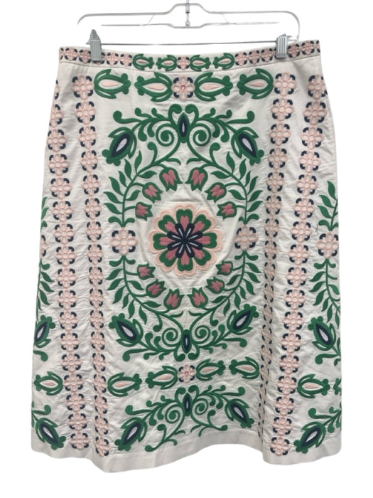 Tory Burch Size 10 White, Green, Pink Cotton Blend Embroidered Side Zip Skirt White, Green, Pink / 10
