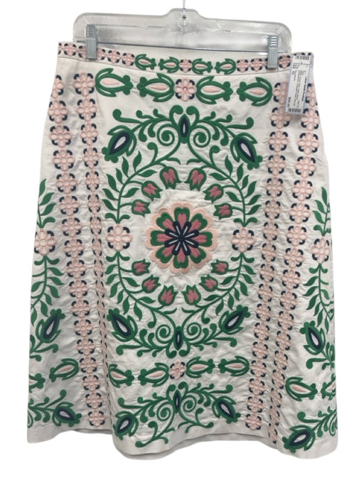 Tory Burch Size 10 White, Green, Pink Cotton Blend Embroidered Side Zip Skirt White, Green, Pink / 10