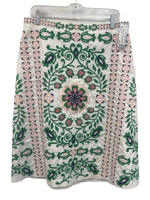 Tory Burch Size 10 White, Green, Pink Cotton Blend Embroidered Side Zip Skirt White, Green, Pink / 10