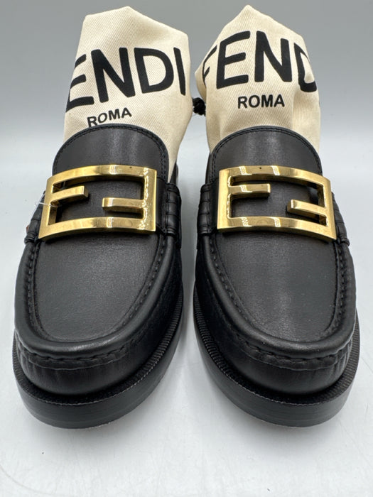 Fendi Shoe Size 37 Black Leather Gold hardware Logo Slip On Loafers