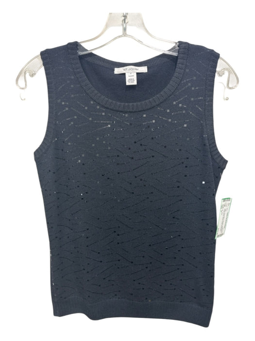 St. John Size P Black Wool Blend Rib Knit Sleeveless Crew Neck Sequin detail Top Black / P