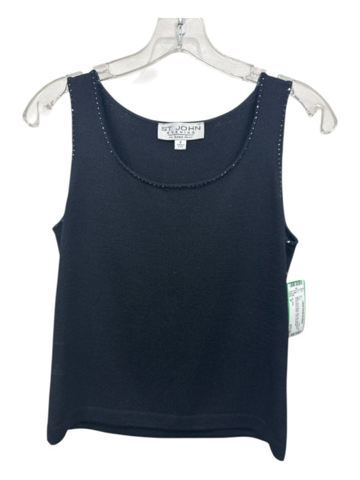 St. John Size P Black Wool Blend Rib Knit Sleeveless Rhinestone detail Tank Top Black / P