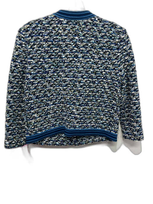 St. John Size 4 Blue, White & Multi Cotton Blend Boucle Woven Ribbed Hem Jacket Blue, White & Multi / 4