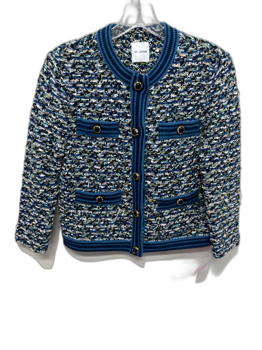 St. John Size 4 Blue, White & Multi Cotton Blend Boucle Woven Ribbed Hem Jacket Blue, White & Multi / 4
