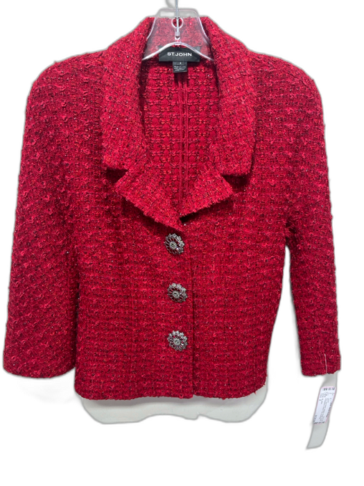 St. John Size 2 Red Wool Blend Metallic Thread Tweed Embellished Jacket Red / 2