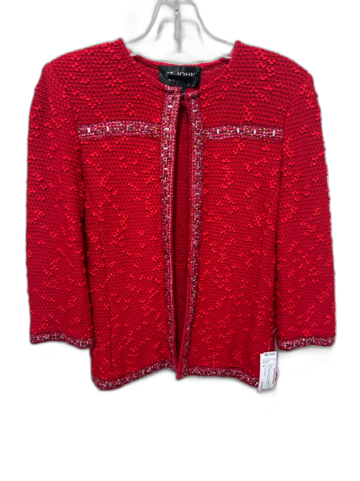 St. John Couture Size 4 Red Wool Blend Knit Embellished Hook & Eye Front Jacket Red / 4