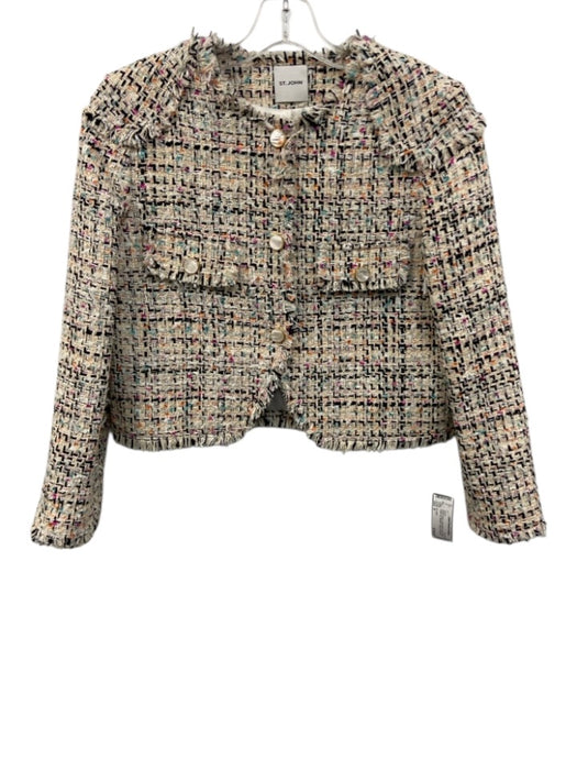 St. John Size 6 White & Multi Cotton Blend Knit Fringe Button Up Jacket White & Multi / 6