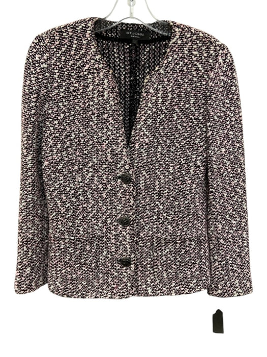 St. John Size 4 White, Pink, Black Wool & Rayon Long Sleeve Knit Skirt Set White, Pink, Black / 4