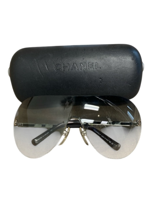 Chanel Clear Metal Aviator Shield Logo Detail Wrap Sunglasses Clear