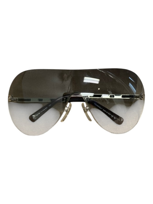 Chanel Clear Metal Aviator Shield Logo Detail Wrap Sunglasses Clear