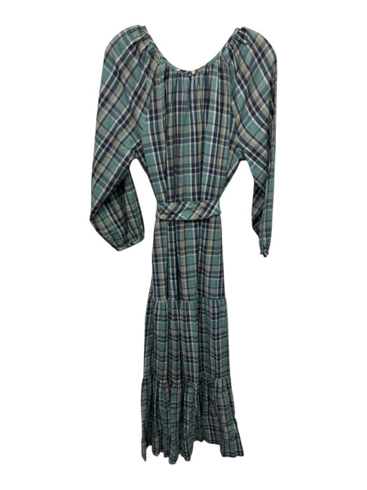 Mirth Size S Teal, Blue, Beige Cotton Plaid Long Sleeve Pockets Dress Teal, Blue, Beige / S