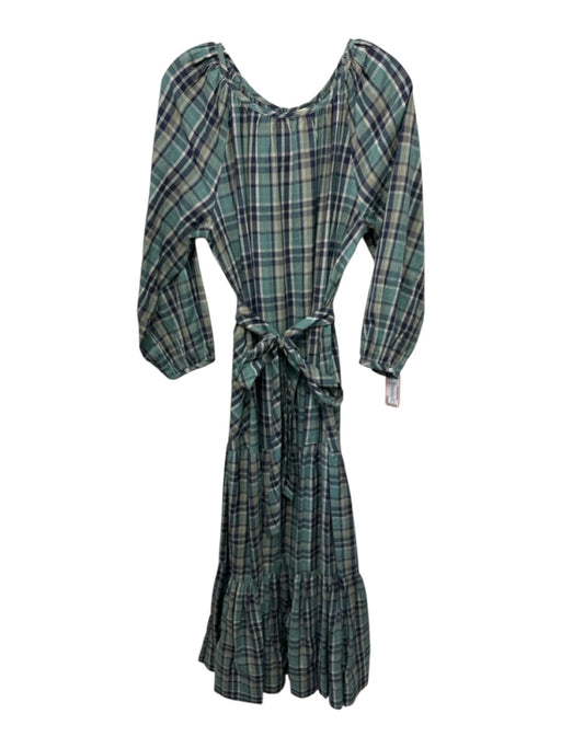 Mirth Size S Teal, Blue, Beige Cotton Plaid Long Sleeve Pockets Dress Teal, Blue, Beige / S