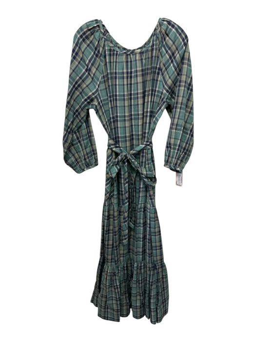 Mirth Size S Teal, Blue, Beige Cotton Plaid Long Sleeve Pockets Dress Teal, Blue, Beige / S