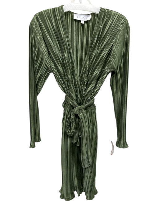 Buru Size M Green Polyester Pleated Long Sleeve Deep V Dress Green / M