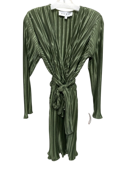Buru Size M Green Polyester Pleated Long Sleeve Deep V Dress Green / M