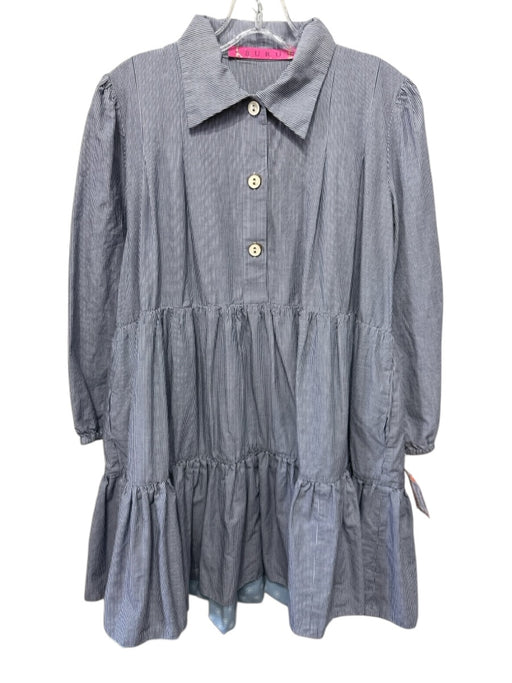 Buru Size S Blue & White Cotton Striped Quarter Button Long Sleeve Collar Dress Blue & White / S