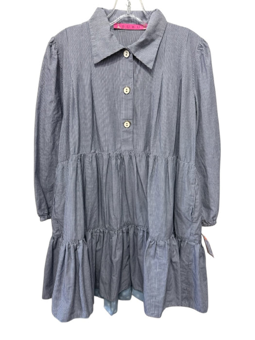 Buru Size S Blue & White Cotton Striped Quarter Button Long Sleeve Collar Dress Blue & White / S