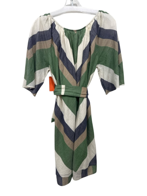 Mirth Size S White, Green, Blue Cotton Striped Quarter Button Short Sleeve Dress White, Green, Blue / S