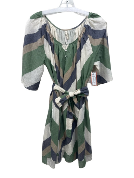 Mirth Size S White, Green, Blue Cotton Striped Quarter Button Short Sleeve Dress White, Green, Blue / S