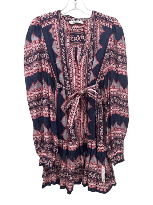 Sea New York Size S Blue, Red, White Cotton Abstract Floral V Neck Peplum Dress Blue, Red, White / S