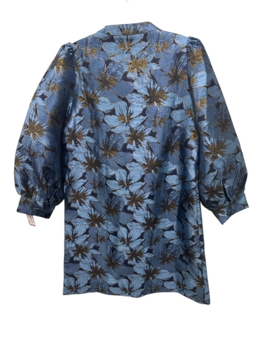 Pomander Place Size S Blue & Gold Polyester Metallic Thread Floral Print Dress Blue & Gold / S