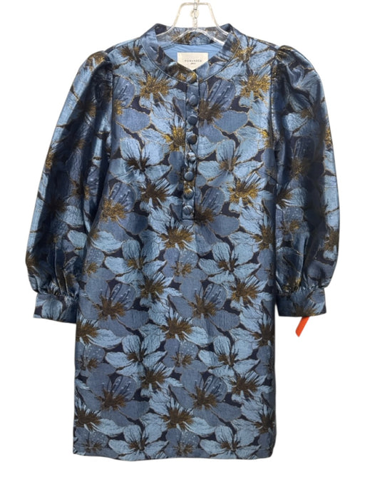 Pomander Place Size S Blue & Gold Polyester Metallic Thread Floral Print Dress Blue & Gold / S