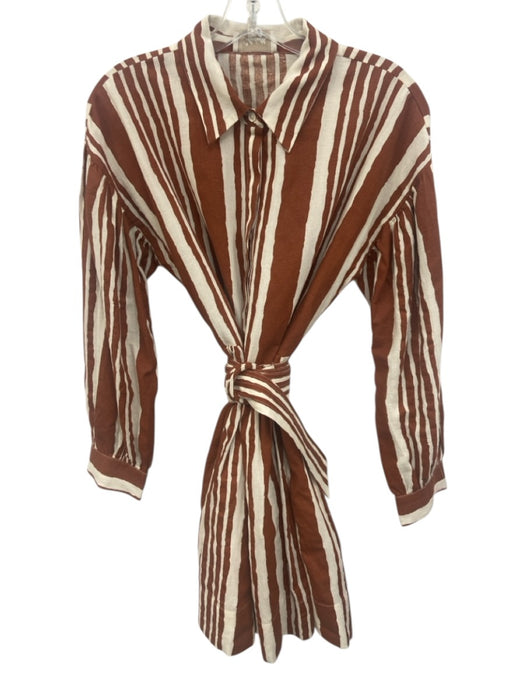 Cleobella Size Small Brown & White Cotton & Linen Long Sleeve Button Front Dress Brown & White / Small