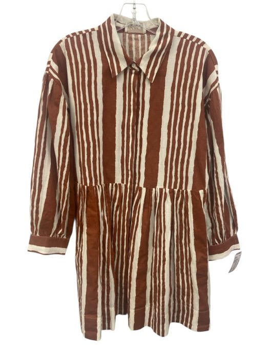 Cleobella Size Small Brown & White Cotton & Linen Long Sleeve Button Front Dress Brown & White / Small