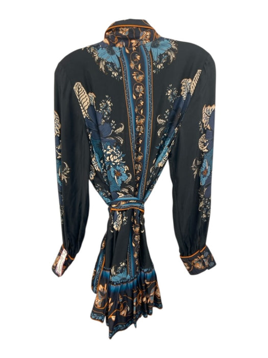 Farm Rio Size Small Black, Blue, Brown Viscose Blend Long Sleeve Floral Dress Black, Blue, Brown / Small