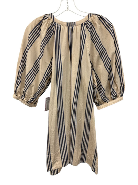 Staud Size Small Beige & Blue Cotton Blend Half Sleeve Striped Pockets Dress Beige & Blue / Small