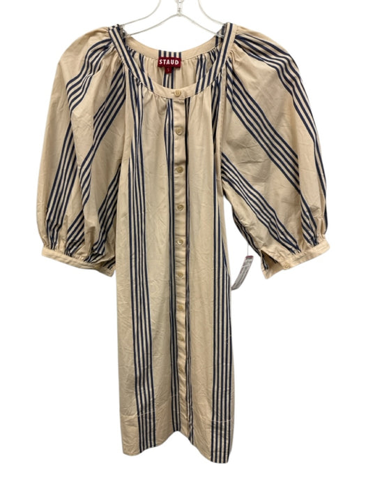 Staud Size Small Beige & Blue Cotton Blend Half Sleeve Striped Pockets Dress Beige & Blue / Small