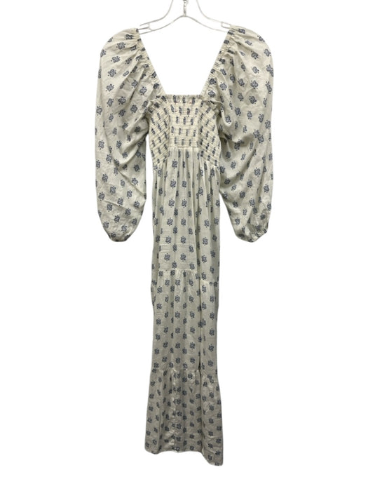 XiRENA Size Small White & Navy Blue Cotton Long puff sleeve Paisley Maxi Dress White & Navy Blue / Small