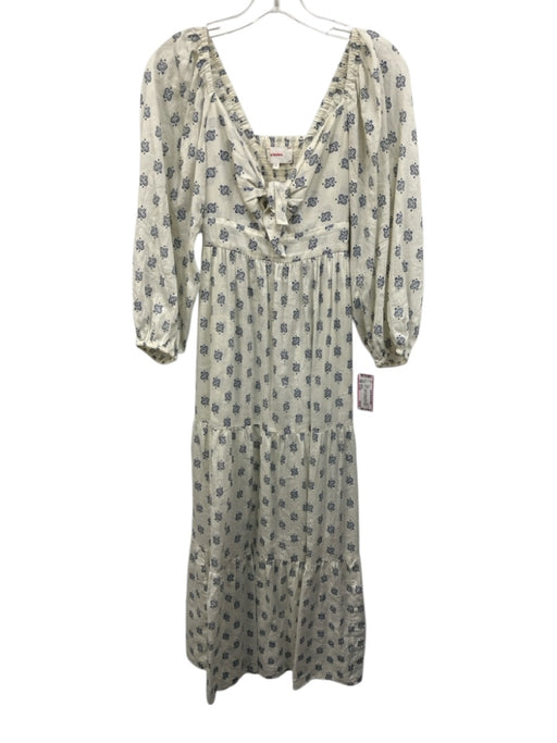 XiRENA Size Small White & Navy Blue Cotton Long puff sleeve Paisley Maxi Dress White & Navy Blue / Small