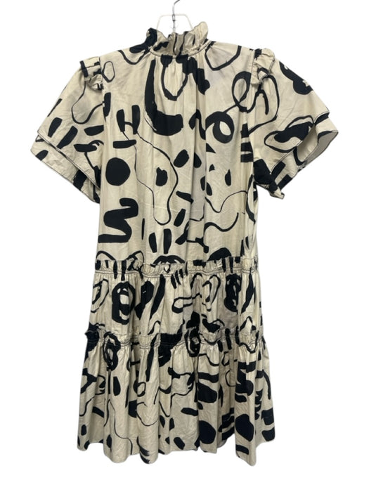 Hunter Bell Size XS Beige & Black Cotton Short Ruffle Sleeve Elastic Waist Dress Beige & Black / XS