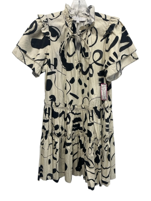 Hunter Bell Size XS Beige & Black Cotton Short Ruffle Sleeve Elastic Waist Dress Beige & Black / XS