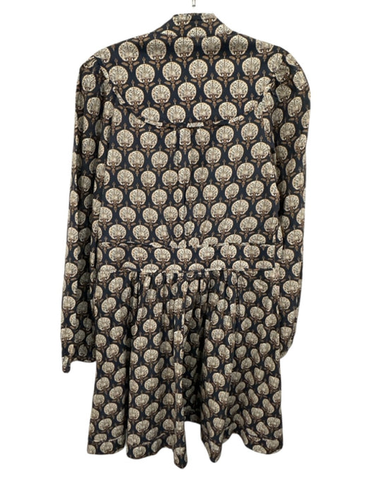 Anna Cate Size Medium Navy Blue & Beige Cotton Long Sleeve Fan Print Dress Navy Blue & Beige / Medium