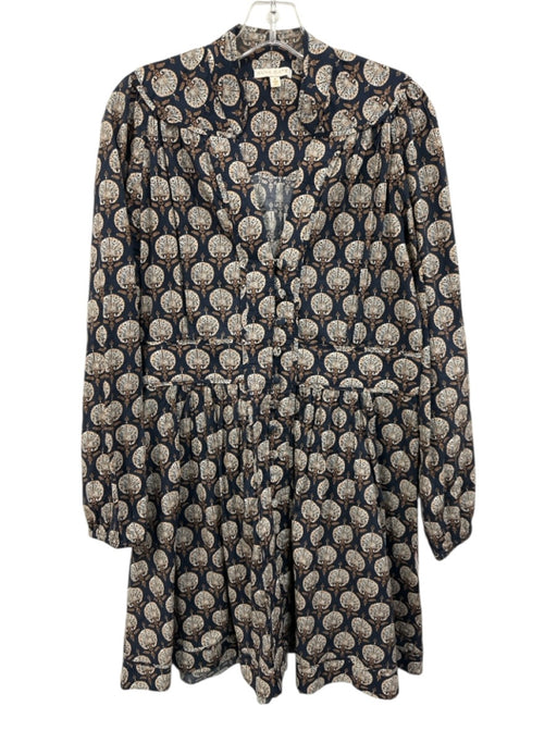 Anna Cate Size Medium Navy Blue & Beige Cotton Long Sleeve Fan Print Dress Navy Blue & Beige / Medium