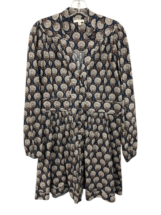 Anna Cate Size Medium Navy Blue & Beige Cotton Long Sleeve Fan Print Dress Navy Blue & Beige / Medium
