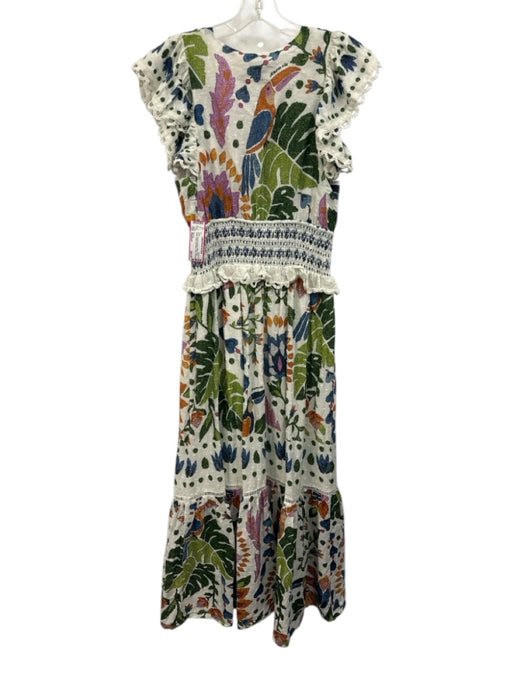 Farm Rio Size Medium White & Multi Cotton Ruffle Cap Sleeve Floral Dress White & Multi / Medium