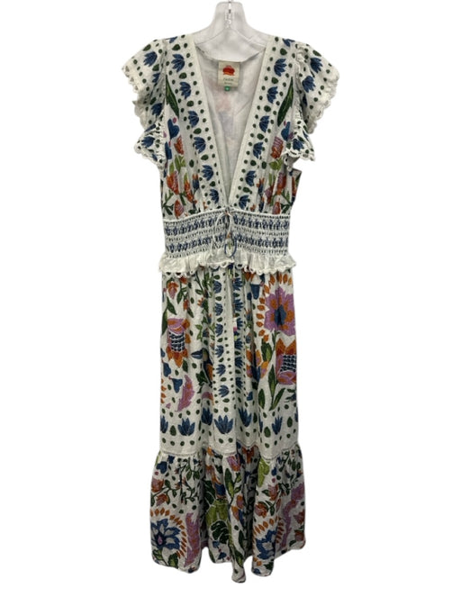 Farm Rio Size Medium White & Multi Cotton Ruffle Cap Sleeve Floral Dress White & Multi / Medium
