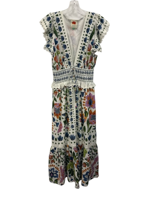 Farm Rio Size Medium White & Multi Cotton Ruffle Cap Sleeve Floral Dress White & Multi / Medium