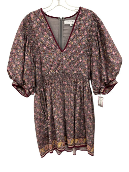 Hunter Bell Size Medium Pink, Purple, Gray Cotton Short Puff Sleeve Floral Dress Pink, Purple, Gray / Medium