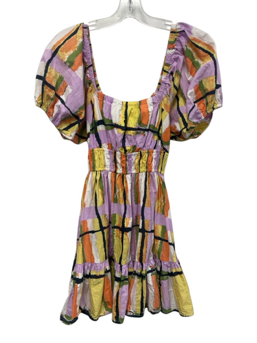 Cleobella Size Small Purple, Yellow, Green Cotton Short Puff Sleeve Tiered Dress Purple, Yellow, Green / Small
