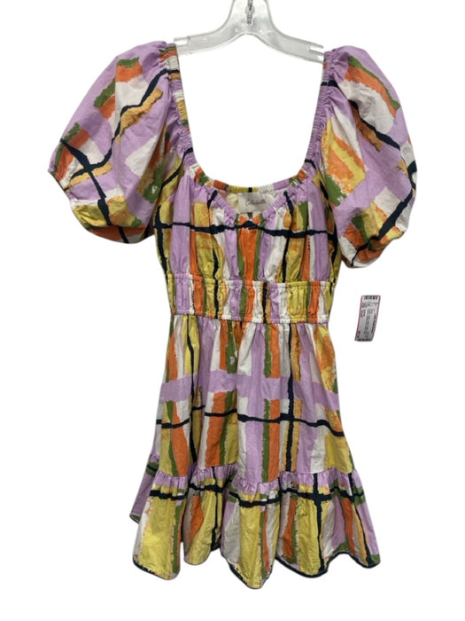 Cleobella Size Small Purple, Yellow, Green Cotton Short Puff Sleeve Tiered Dress Purple, Yellow, Green / Small
