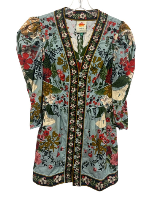 Farm Rio Size Small Blue, Red, Brown Cotton Long puff sleeve Floral Dress Blue, Red, Brown / Small