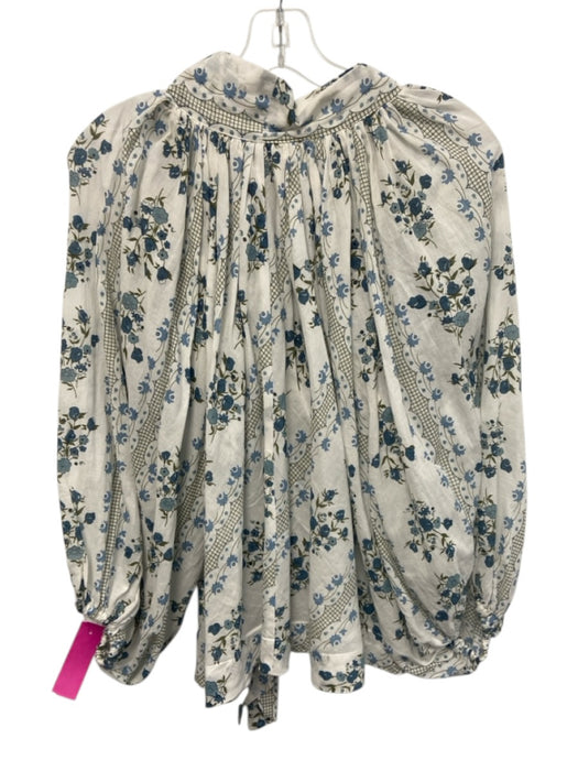 Innika Choo Size 1 Blue, Green, White Cotton Long Sleeve Floral V Neck Top Blue, Green, White / 1