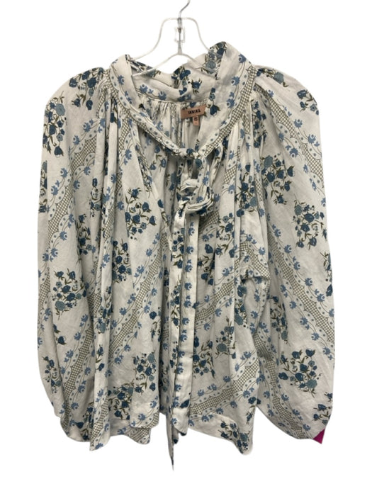 Innika Choo Size 1 Blue, Green, White Cotton Long Sleeve Floral V Neck Top Blue, Green, White / 1