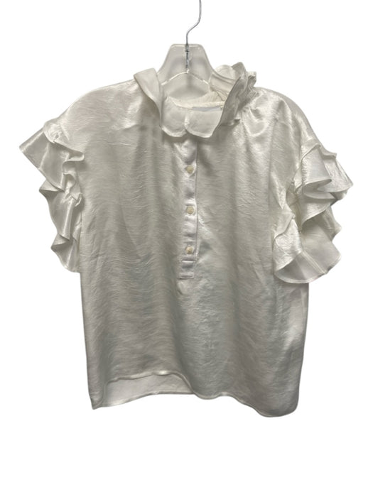 Koch Size Small White Acetate Ruffle Cap Sleeve Half Button Ruffles Satin Top White / Small