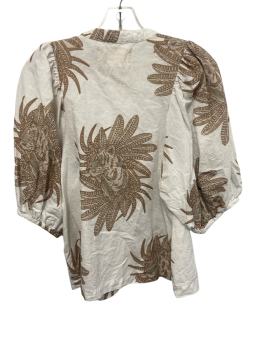Las Surenas Size Sample White, Brown, Green Linen Half Puff Sleeve Floral Top White, Brown, Green / Sample
