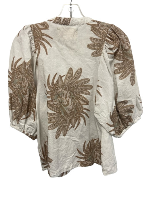 Las Surenas Size Sample White, Brown, Green Linen Half Puff Sleeve Floral Top White, Brown, Green / Sample